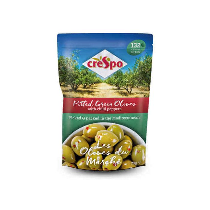 CRESPO GREEN OLIVES+CHILLI PEPPERS 8X70G